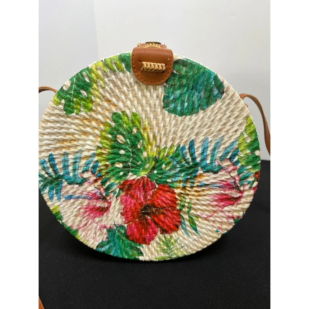 Tropical Floral Round Woven Rattan Crossbody Bag Hibiscus Monstera Straw Purse